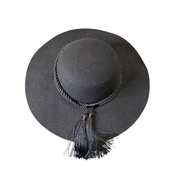 Blk Guess Wool Felt Balero Saturno Wide-Brimmed Hat Braided Cord Tassel Western - Picture 3 of 7